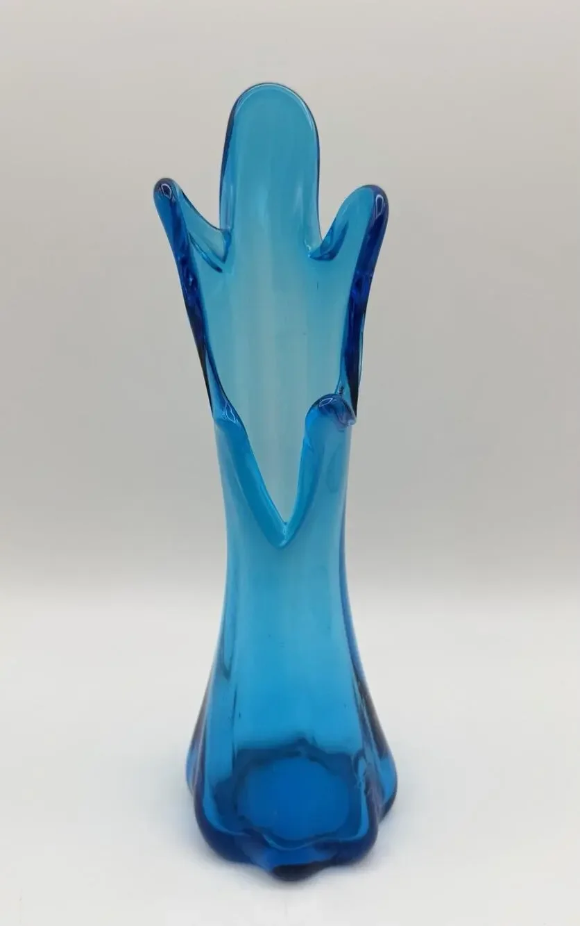 Blue 5 Finger Swung Glass Vase 10” MCM Decor Vintage Stretch Art Glass